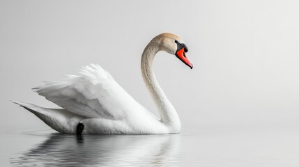 Fototapeta premium Elegant White Swan on Calm Water, Soft Light, Mirrored Reflection