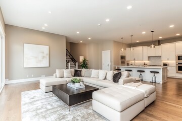 A spacious, modern open-concept living area with neutral tones, a plush sofa, and recessed LED ceiling lights, accentuating the sleek design