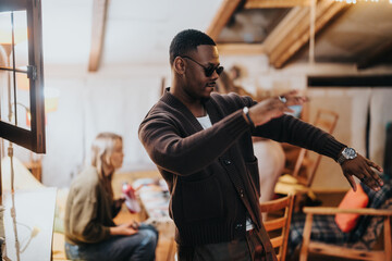 A man wearing sunglasses gestures enthusiastically in a warm, social indoor setting among friends.