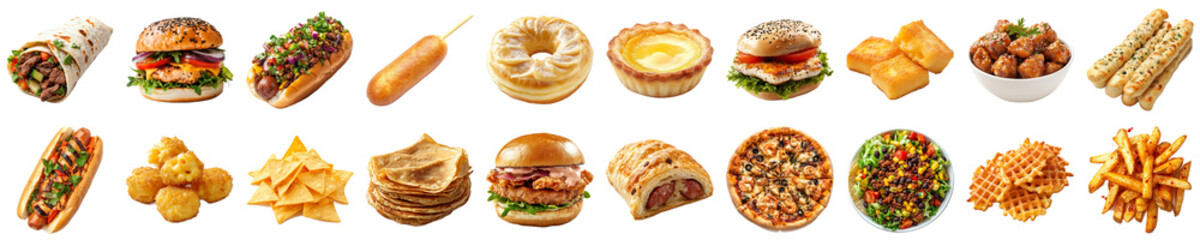 A Colorful Array of Delicious Foods Including Sandwiches, Sides, Pastries, Snacks, Burgers, Sweets, and Savory Treats Perfect for Any Culinary Delight. Piquant food set.