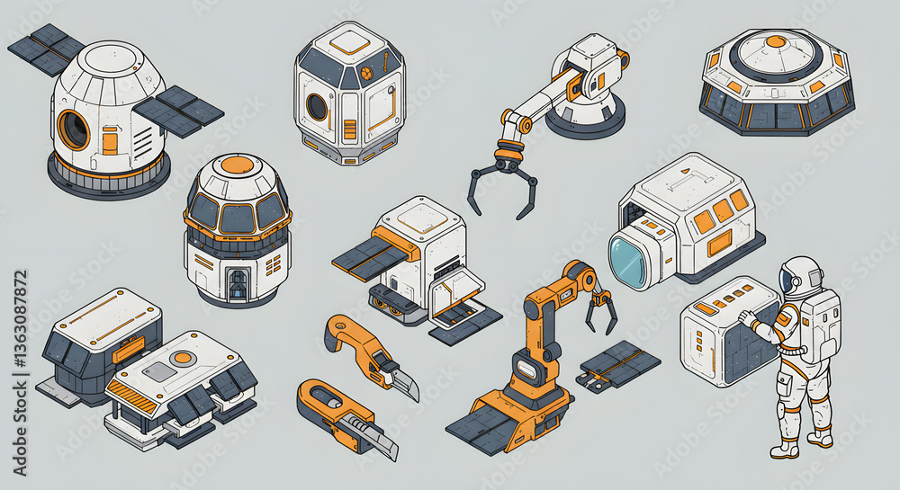 Aufkleber futuristic space station components: a detailed illustration showcases an array of modular component