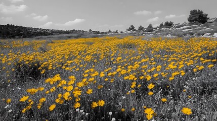 Stunning Yellow Wildflower Meadow with Black and White Background in High-Resolution Nature Photography