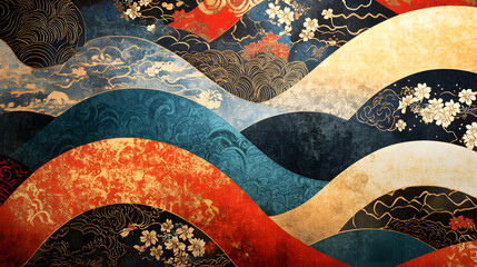 Japanese Decorative Wave and Floral Pattern with Classic Oriental Aesthetic, Seamless Design, and Traditional Art Influence