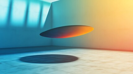 Surreal Floating Object with Vibrant Gradient Colors and Mysterious Shadow in a Minimalist Room