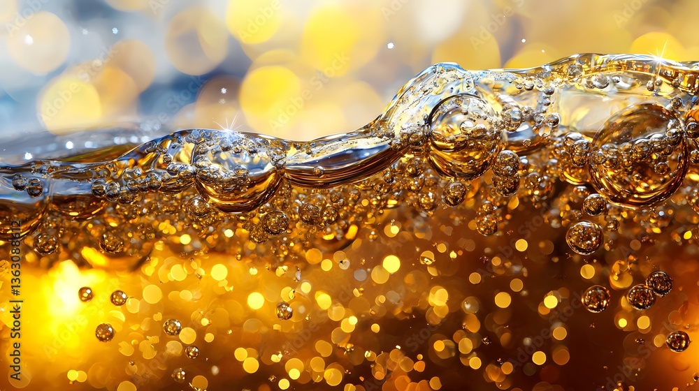 Poster bubbling brew: a close-up captures the mesmerizing dance of bubbles within a refreshing glass of amb