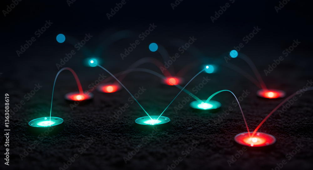 Poster illuminated network: vivid red and green lights dance across a dark surface, interconnected by glowi