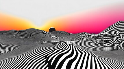 Surreal Black and White Landscape with Vibrant Sunset and Abstract Wavy Patterns