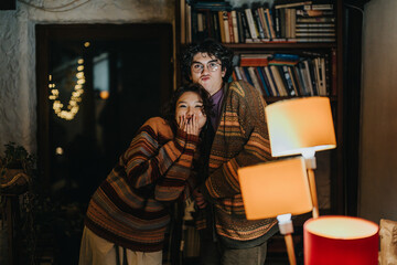 Two friends enjoy a moment of fun and laughter indoors surrounded by books and cozy lighting,...