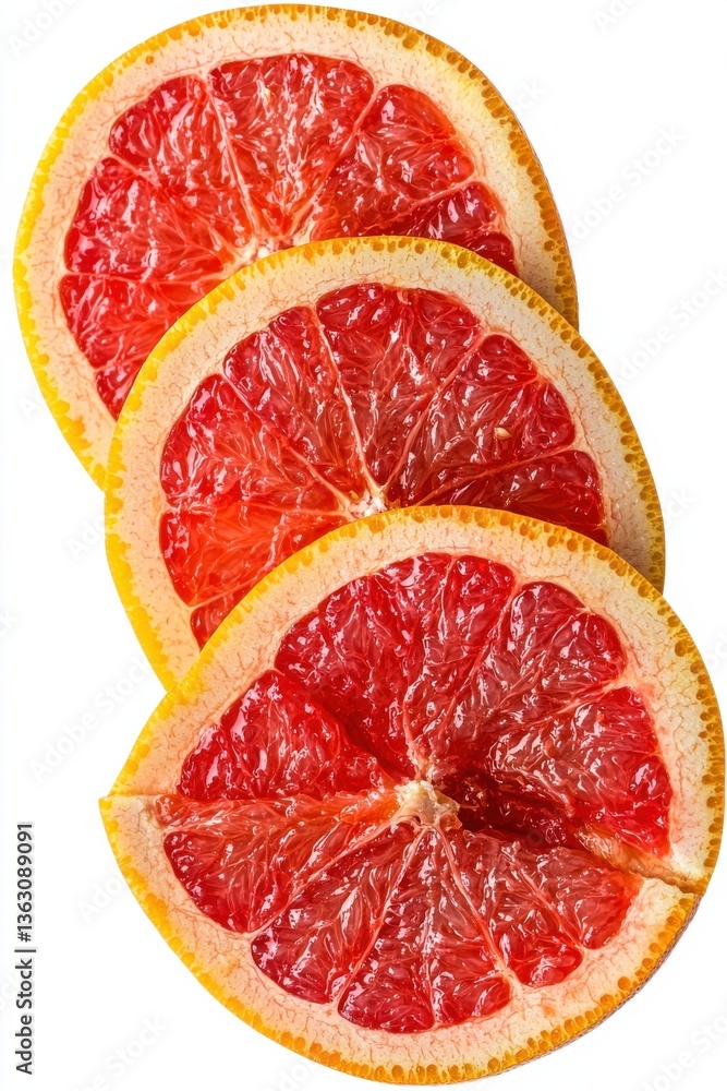 Poster three slices of ripe red grapefruit displayed on a white background