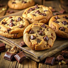 Freshly Baked Chocolate Chip Cookies on a Wooden Tray  Generated with Ai 