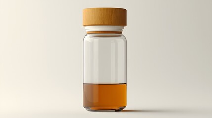 Essential Elixir: A studio shot of a small glass vial, half-filled with an amber-colored liquid, poised to spark curiosity.