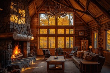 Cozy rustic log cabin interior with stone fireplace and autumn views