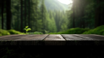Fototapeta premium Rustic wooden table in a lush forest setting