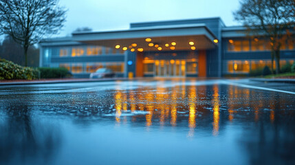 A hospital building exterior in rainy weather, wet pavement reflecting emergency entrance lights