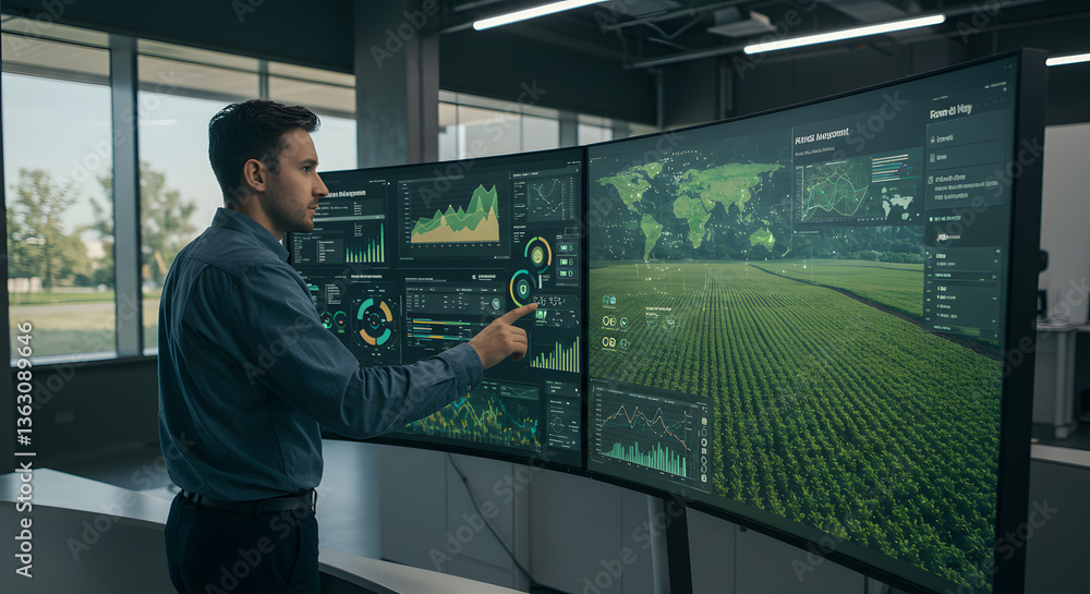 Poster data-driven decisions: a focused professional interacts with a cutting-edge display, showcasing data