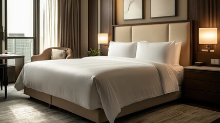 Elegant guest bedroom setup featuring a queen-sized bed with crisp white linens decorative throw room includes bedside table with reading lamp, wardrobe for storage, small writing desk with chair