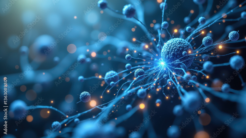 Poster illustration of a neuron with synapses showing the interaction between nerve cells, highlighting mag