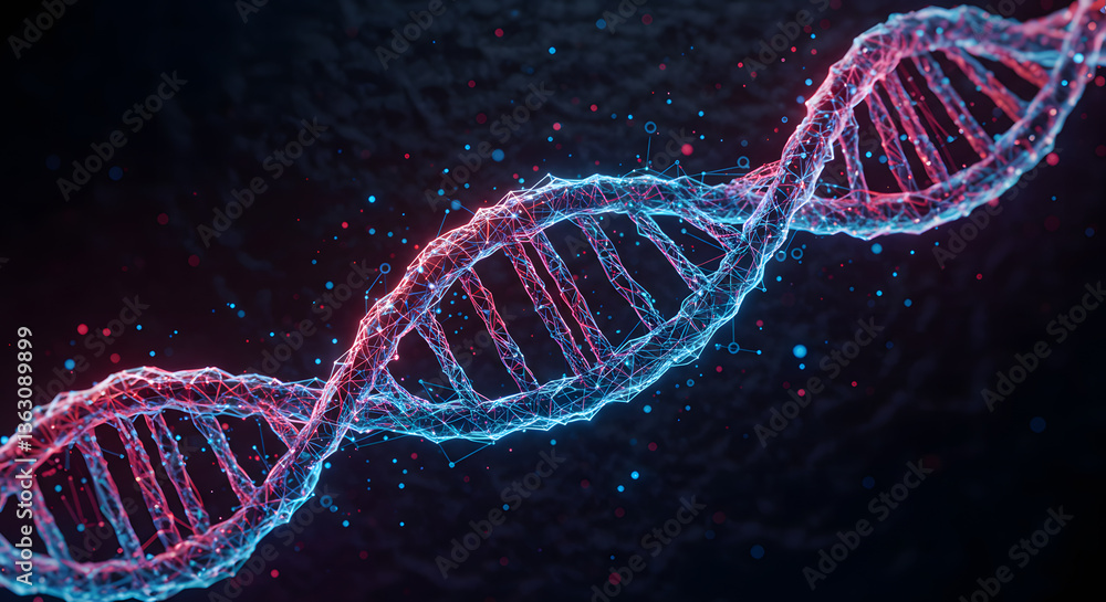 Poster dna double helix: a vibrant and intricate representation of a dna double helix, rendered with precis