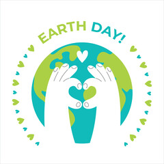 Illustration of Earth with hands forming a heart, surrounded by small hearts. "EARTH DAY!" text in green and blue above.