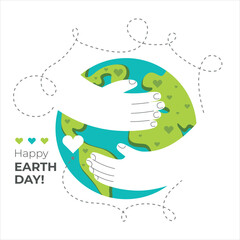 Illustration of Earth hugged by hands with small hearts around. "Happy EARTH DAY!" text in gray, green, and blue hearts on the side.