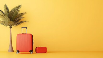 Red Suitcase and Palm Tree: A Vibrant 3D Render of Summer Vacation AI Generated
