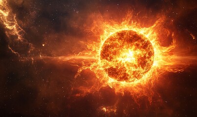 Obraz premium Fiery cosmic spectacle: A blazing star bursts with intense energy against a dark, starry backdrop.