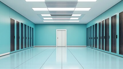Modern Server Room: 3D Render of a Clean, Teal Data Center Interior AI Generated