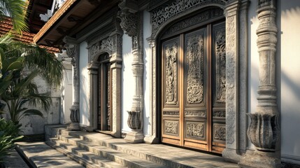 Intricate Carved Wooden Doors on a Stone Architectural Structure