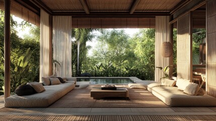 Fototapeta premium Serene tropical villa retreat with pool and lush greenery view