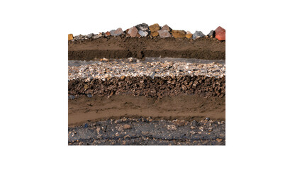 Soil layer cross section found rock isolated on white background, Form of soil layers, its colour and textures, Texture layers of earth surface for background