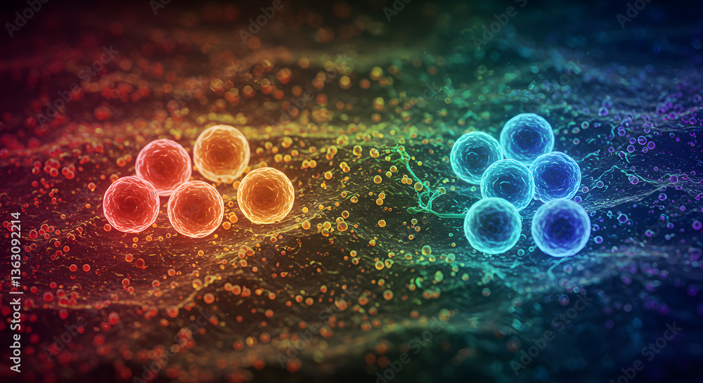 Poster cellular symphony: microscopic depiction of cellular structures, with vibrant color gradients enhanc