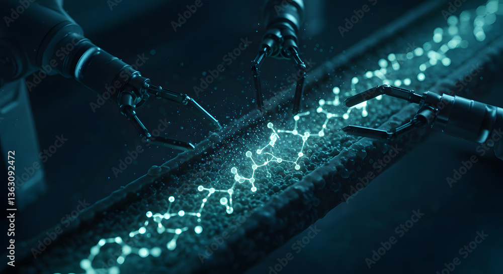 Poster the essence of creation: robotic arms meticulously assemble a luminous chain of molecular structures