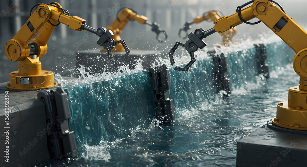 Poster innovation in action: robotic arms delicately navigate a dynamic water environment, epitomizing tech