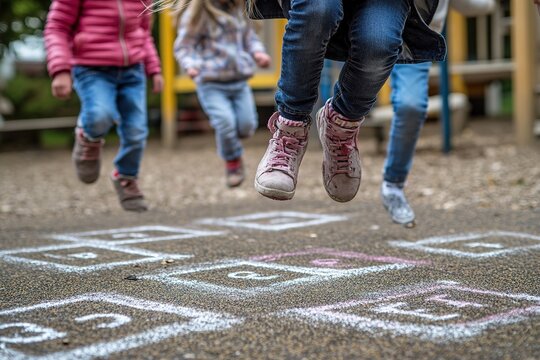 A game of jumping on a school playground with chalk numbers and squares representing childhood innocence and children having fun during recess or after school.