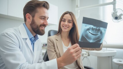 Fototapeta premium Dentist and Patient Reviewing Dental X-Ray Together