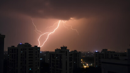 Fototapeta premium Lightning Strikes Over Cityscape at Night