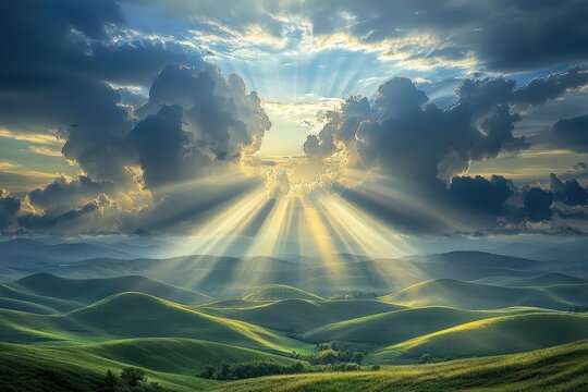 Dramatic sunlight illuminates rolling green hills under thick clouds