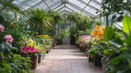 Vibrant indoor greenhouse filled with colorful flowers and lush greenery, showcasing nature's beauty
