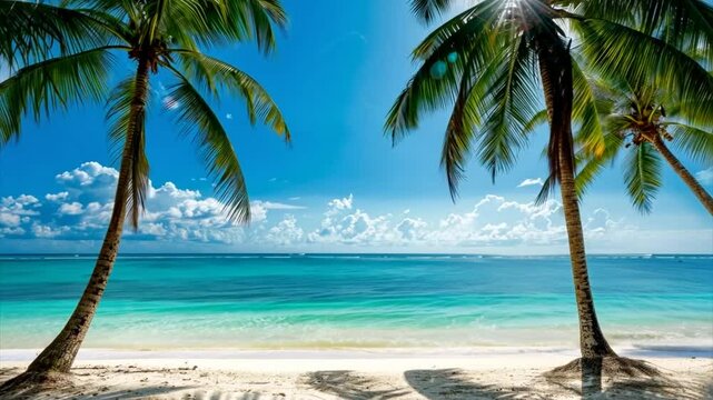 Tropical beach with palm trees and azure water in ocean. Paradise island on a sunny day. Trip, travel and vacation theme