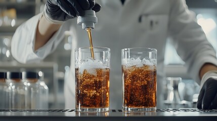 "Science in Bubbles: A scientist meticulously pours a fizzy, brown liquid into two glasses, capturing the essence of scientific precision and the excitement of potential discovery in a sterile.