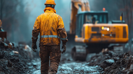 A hospital construction worker operating an excavator, breaking ground for a new medical center