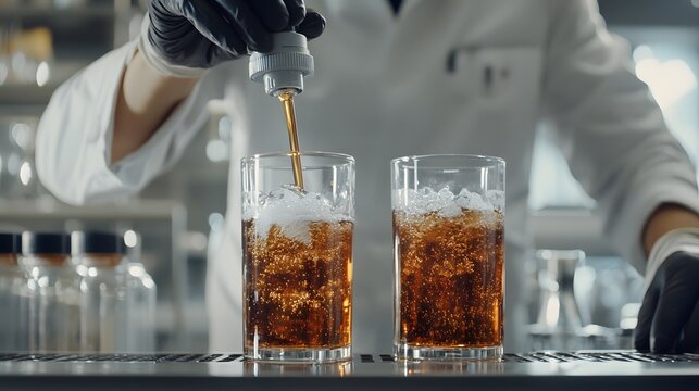 "Science in Bubbles: A scientist meticulously pours a fizzy, brown liquid into two glasses, capturing the essence of scientific precision and the excitement of potential discovery in a sterile.