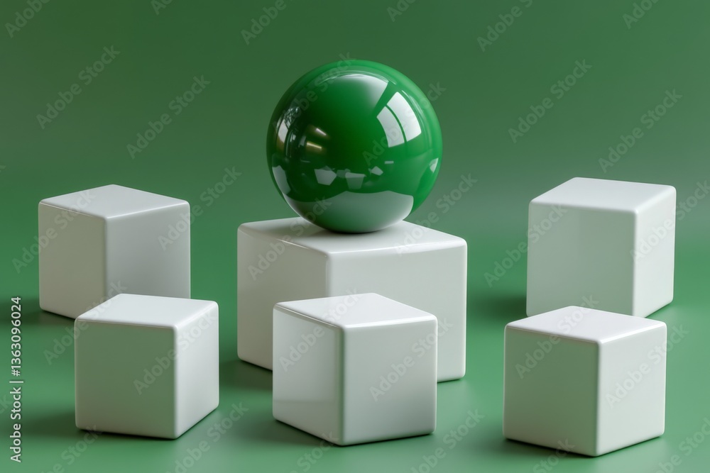 Poster Green spherical object centered on white cubes arranged on a green background