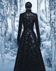 Fototapeta premium Elegant figure in dark coat amidst frozen winter landscape with icicles