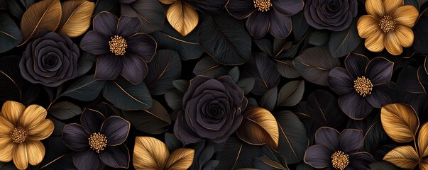 Luxurious floral motif with radiant golden accents, deep plum flowers, and elegant emerald leaves over a rich, dark espresso-brown base.