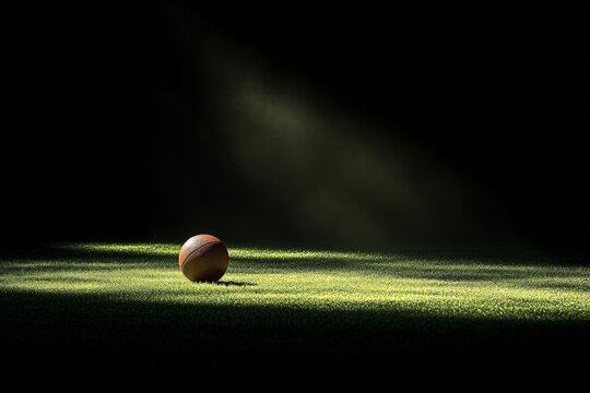 Basketball resting in a spotlight on a grassy court during early evening, captured with dramatic lighting effects
