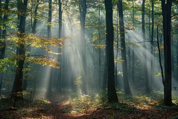 Fototapeta premium Ethereal sunlight through autumn forest canopy with mystical atmosphere