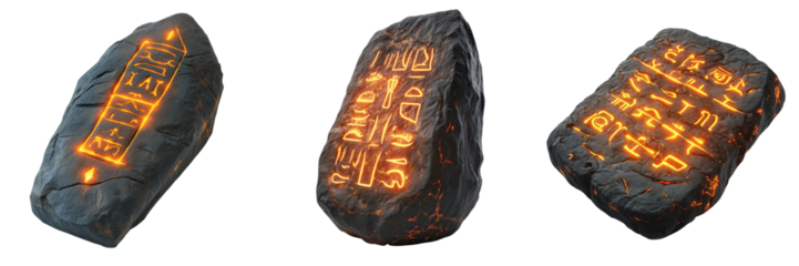 Ancient Glowing Rocks with Mysterious Symbols and Hieroglyphics Isolated on a Transparent Background