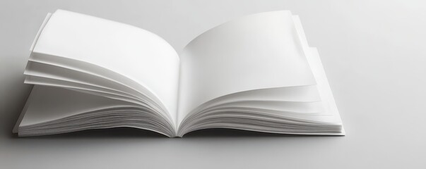An open book lies flat on a soft gray background, its crisp white pages gently fanned out, inviting readers to explore the blank canvas of knowledge and imagination within.