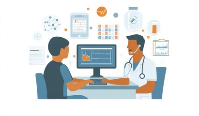 Illustration of a virtual medical consultation with a doctor and patient